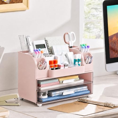 HBlife Desk Organizer with Pencil Pen Holder for Desk, Pen Organizer with 2 Drawers, Desk Organizers and Accessories with Compartments, Desktop Storage for Office, Home, School, Art Supplies, Pink