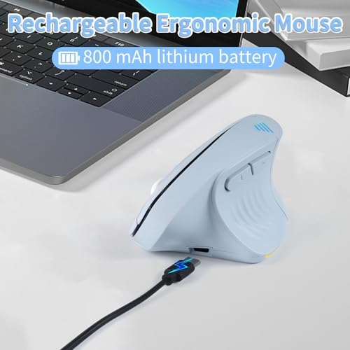 Bluetooth Wireless Dual-Mode Vertical Mouse - Silent Click, Ergonomic Comfort for Office & Home Use, Rechargeable with LED Breathing Light, Compatible with Multiple Devices (Blue)
