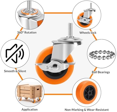 Caster Wheels with Threaded Stem, 3 Inch Locking Swivel Casters Set of 24