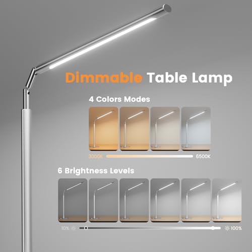 SIBRILLE Silver LED Desk Lamp, 16" Dimmable Metal Desk Light with Base, 15W 1200LM, Adapter Included, Color & Brightness Adjustable, Modern Tall Table Lamp for Home Office Reading Study Task Laptop