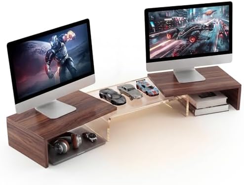 High-Clarity Dual Monitor Riser, Acrylic Monitor Riser, Adjustable Angle & Length Computer Monitor Stand, Wide Desk Shelf for Top of Desk for Home Office_Walnut Look Small