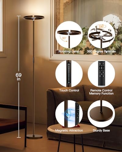 SIBRILLE Brown Floor Lamp, Modern Stepless Dimmable Standing Lamp with Remote Control, 22W 3000-6000K LED Rotatable Floor Light Uplighter Stand up Lamp Tall Lamp for Living Room Bedroom Office