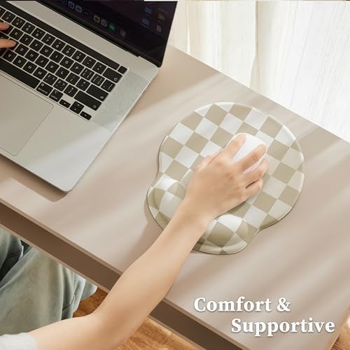 Ohocut Beige White Checkered Mouse Pad with Gel Wrist Rest, Wrist Support, Ergonomic Desk Accessories for Women, Office Laptop Gaming Decor, Cute Aesthetic Check Design