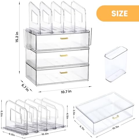 LALOBLUE Acrylic Desk Organizer with 4-Vertical File Holder Rack, 3-Clear Drawer and 2 Pen Holders, Desktop Storage for Office Desk Accessories School Classroom Organization (Clear)