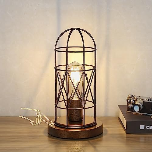 Small Touch Lamp, Industiral Bedside Table Lamp with Antique Bronze Cage