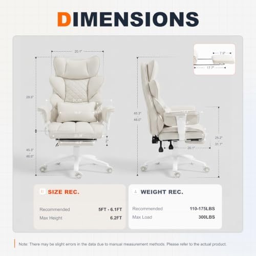 Dowinx Big and Tall Office Chair with Pocket Spring Cushion,High Back Computer Gaming Chairs with Adjustable Armrests,Executive Desk Chairs with Lumbar Support and Footrest,PU -White