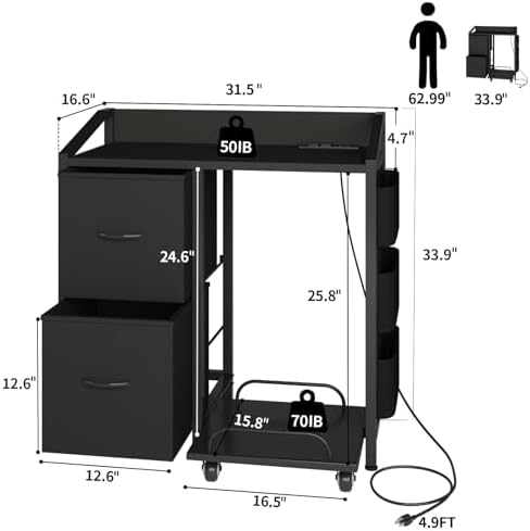 Printer Stand with Storage, Lateral Office Filing Cabinets with Power outlets & USB Charging Port, File Cabinet with Large Printer Stands for Home Office, Shredder Stand Rack (Black)