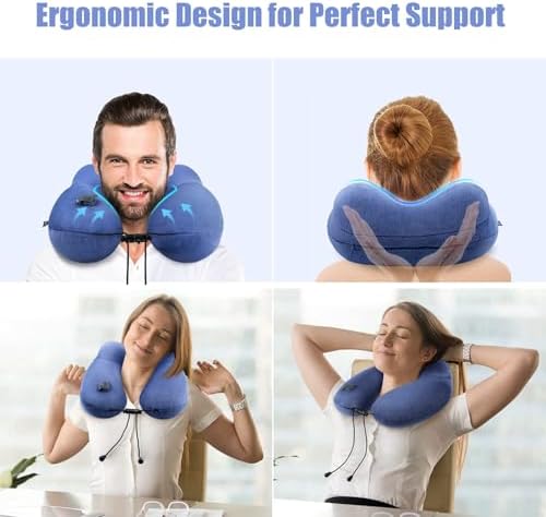 Inflatable Travel Neck Pillow for Airplanes, Super Soft Velvet Neck Support, Adjustable Firmness, Blow Up Plane Pillow for Long Flights, Road Trips, Travel Essentials with Eye Mask, Earplug