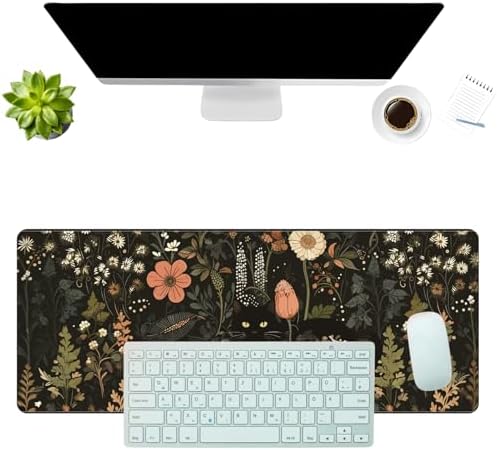 Black Cat Floral Desk Mat Large Mouse Pad for Keyboard and Mouse