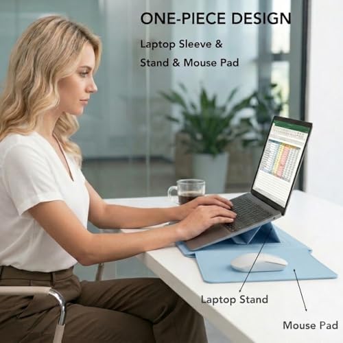 4-in-1 Laptop Sleeve with Stand and Mouse Pad, Faux Leather Protective Case with Accessory Pouch for 13.3-14 Inch Laptops (Sky Blue)