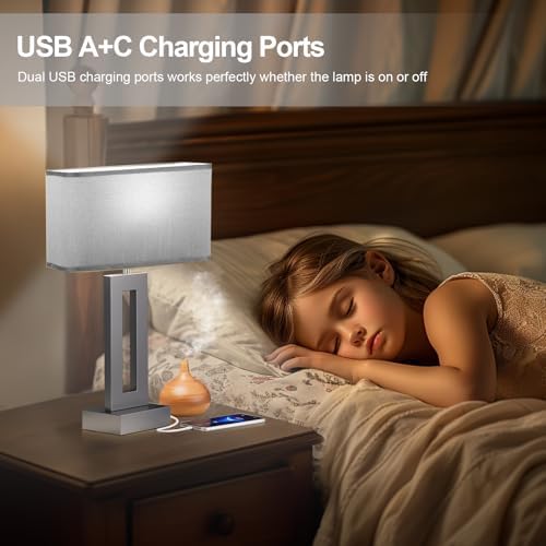 Seealle Bedroom Table Lamps Set of 2 - Grey Touch Bedside Lamps with USB C+A, 3 Way Dimmable Gold Lamp for Nightstand, Modern Night Stands Lamps for Living Room End Tables