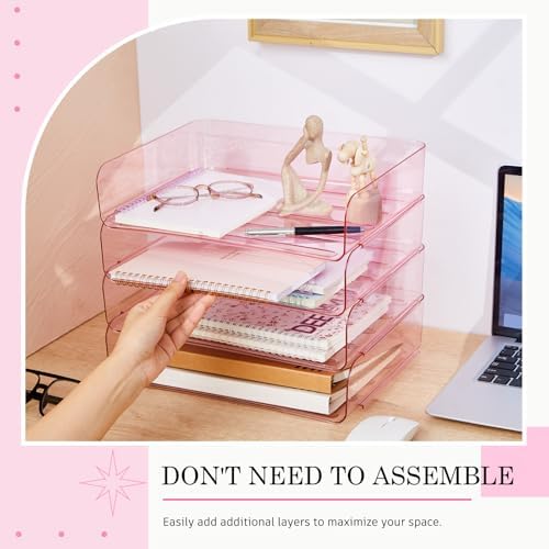 Harloon 4 Tier Paper Organizer Clear Pink Letter Tray Acrylic File Tray