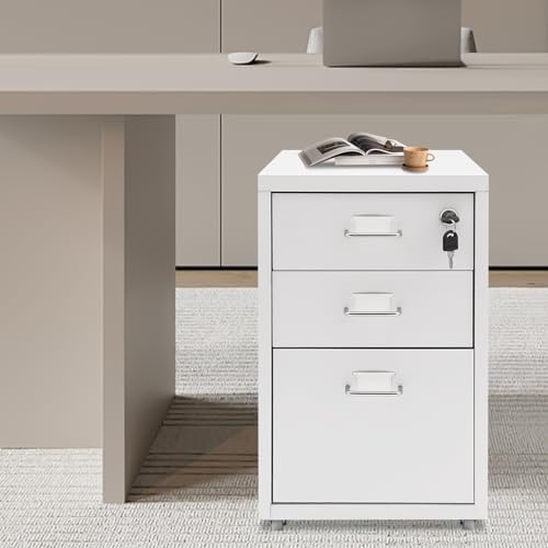CNCEST 2-Drawer Vertical File Cabinet Metal Mobile Filing Cabinet with Lock Rolling File Drawer Cabinet Under Desk Sturdy Steel Storage Unit with Glide Drawers Lockable Wheels for Home Office (White)