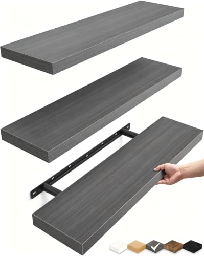 BAYKA Grey Floating Shelves 22.5in, Set of 3, Wall Mount Rustic Wood Shelf