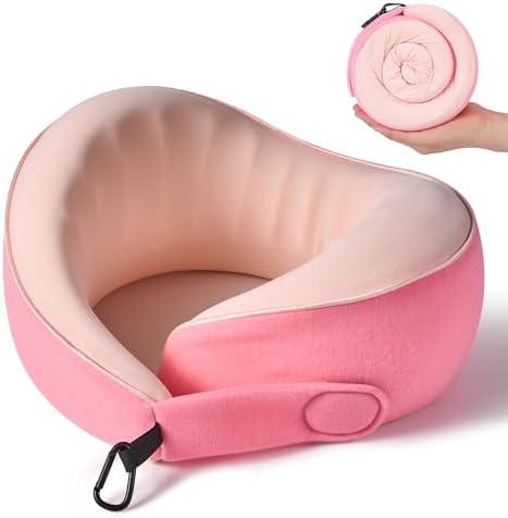 KPNEOL Travel Pillow, 100% Pure Memory Foam Travel Neck Pillow Airplane Neck Support Ergonomic Design for Traveling Suitable for Airplanes (Cool Pink, Standard, C-Shape)