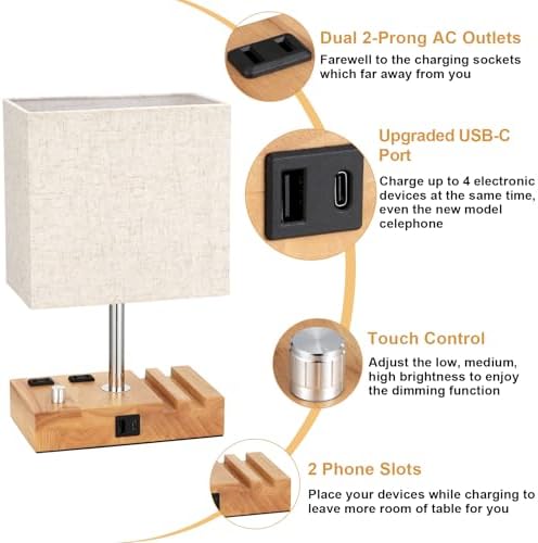 Wood Grain Table Lamp for Bedroom, Stepless Dimmable, USB C+A, 2 AC Outlets