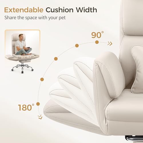 Big and Tall Office Chair 500LBS, Ergonomic High Back Leather Executive Chair, Reclining Swivel with Adjustable Armrests Lumbar Support Footrest, Cross Legged, Beige