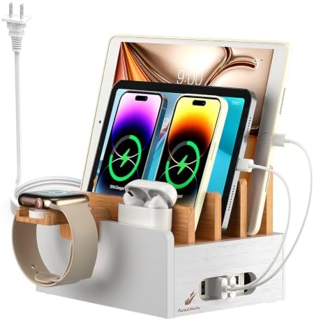 Pezin & Hulin Bamboo Charging Station with USB Charger&Cables-Natural+White