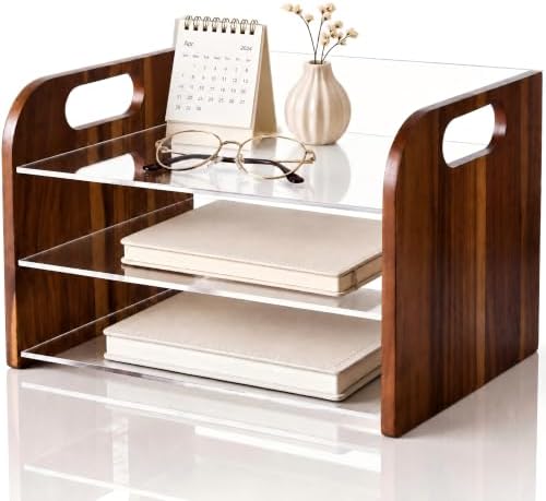 Marsui 3 Tier Desk Paper File Organizer, Acacia & Acrylic Letter Tray