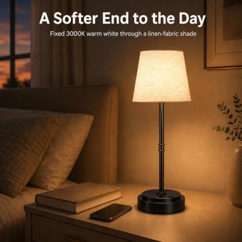 Rechargeable Cordless Table Lamp, Battery Operated Bedside Lamp, Black