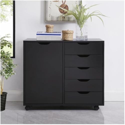 5-Drawer Wood Drawer Cabinet, Office Storage Cabinet with Adjustable Shelf & Wheels, Printer Stand for Home Office, Black, 15.7" D x 30.7" W x 25.4" H