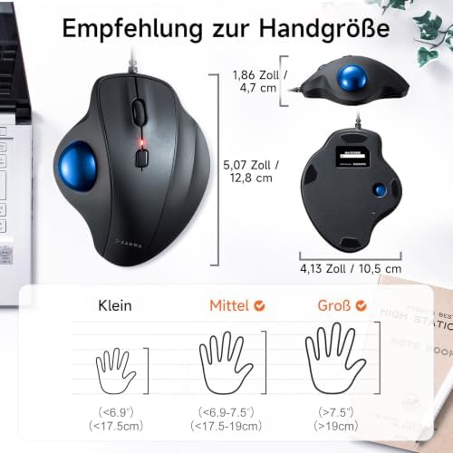 SANWA Wired Trackball Mouse, USB-C/A, Silent Clicks, Programmable, Blue