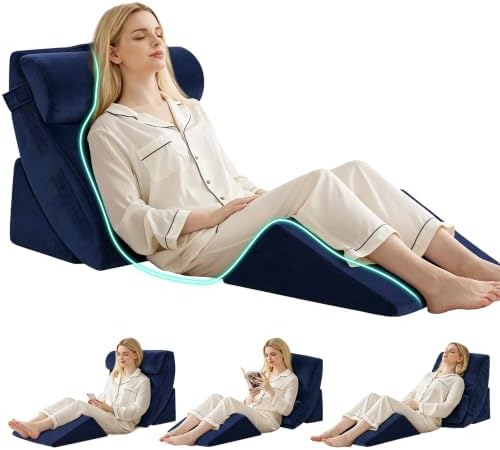 4PCS Wedge Pillow Set for After Surgery, Orthopedic Bed Wedge Pillow for Back Pain Relief, Sitting Up in Bed, Acid Reflux, Adjustable Post Surgery Pillows for GERD, Snoring, Velvet Navy