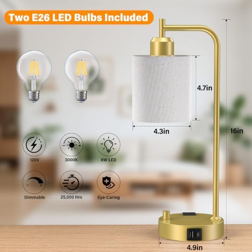 SIBRILLE Industrial Table Lamps with Linen Shade, Set of 2 Fully Dimmable Bedside Lamps with USB A+C Ports and Outlet, Gold Nightstand Desk Lamps for Bedrooms Living Room Office, 2 LED Bulbs Included