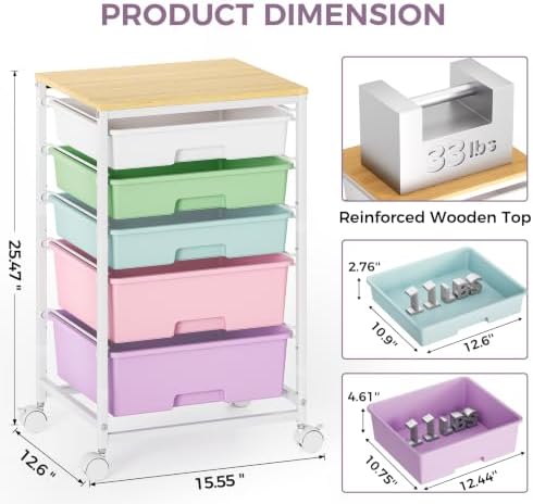 SYKIARIOL 5-Tier Rolling Cart with Drawers with Wooden Top, Ice Cream