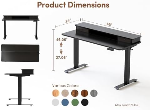 BANTI 48x24 Inch Electric Height Adjustable Standing Desk, Home Office Computer Desk with Double Storage Drawers, 4 Adjustable Feet & 2 Hooks, Black
