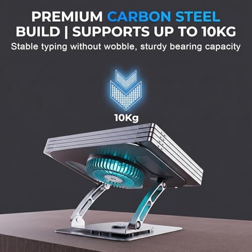 Adjustable Laptop Cooling Stand, 3-Speed Fan with RGB, 360° Rotating Base, Carbon Steel Foldable Laptop Riser, Ergonomic Height & Angle Adjustable Cooling Pad for Laptops & Tablets Up to 16” (Silver)