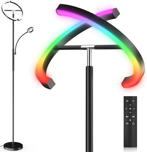SIBRILLE Upgraded RGBCW Floor Lamp with Reading Lamp, Rotatable Remote Control LED Standing Lamp Dimmable Floor Light Modern Standing Light for Living Room Bedroom Home Office, 36W, Black