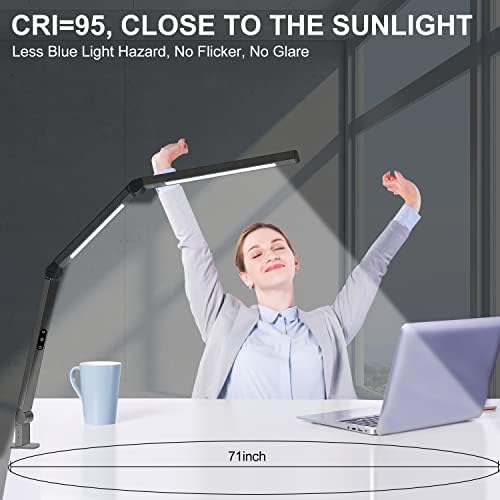 LED Desk Lamp with Clamp, Architect Desk Lamp with Dual Light and Adjustable Swing Arm, Clip-on Eye-Care 4 CCT Modes & 5 Brightness Levels Table Light Modern Computer Lighting for Home Office
