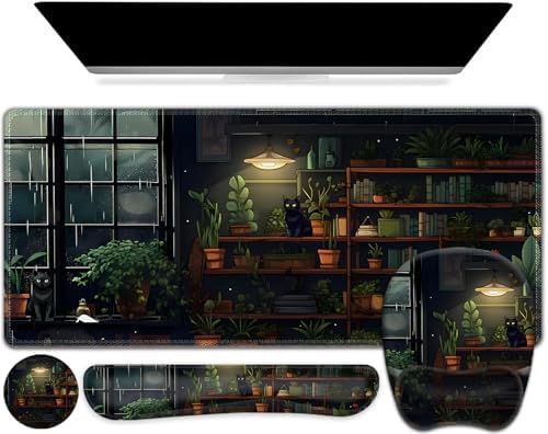 Aesthetic Green Plant Books Mouse Pad with Wrist Support 4 in1 Set, XXL Big Game Mousepad + Keyboard Wrist Rest + Mouse Wrist Rest Pad +Coaster Gaming Mat for Work Study I Japanese Anime Lofi Cat