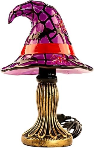 Stained Glass Witch Hat Lamp, Handcrafted Resin Halloween Witch Lamp (Purple2)