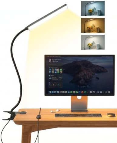 Eye-Caring Adjustable LED Reading Clamp Desk Lamp with 48 LEDs Flexible Neck, 3 Color Modes & 11 Brightness Levels for Office Bedroom Study (Black)