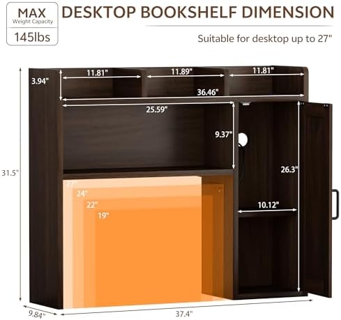 Desktop Bookshelf, Desk Hutch with RGB LED Lights & Power Outlets