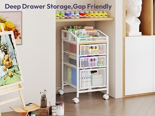 SWTYMIKI Rolling Utility Cart with Drawers - Under Desk Storage Cart with DIY Divider & Lockable Wheels, Multi-Functional Craft Art Supply Organizer for Office, Vanity, Craft Room & Studio White