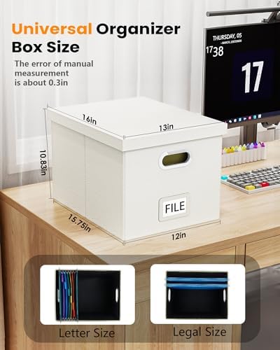 Oterri 2 Pack File Storage Organizer Box,Filing Box,Portable File Box with Lid,Fit for Letter/Legal File Folder Storage, White(Leather)-Box only