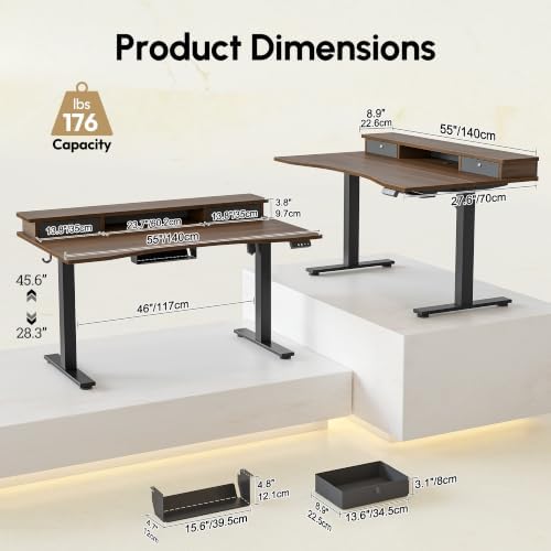 TIQLAB 55''*28''Standing Desk with Drawers&Cable Management, Black Walnut