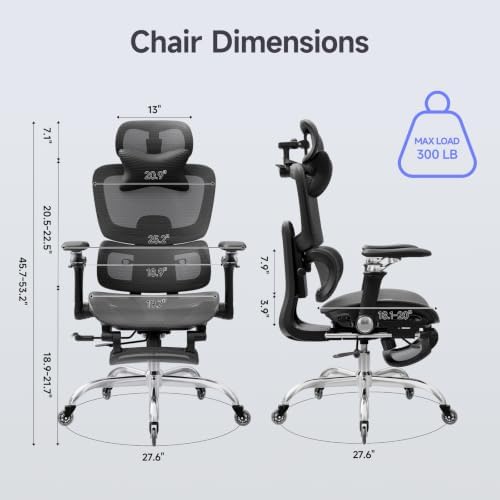 Office Chair with Footrest, Ergonomic Chair with 3D Headrest, Computer Chair with Adjustable Backrest & 6D Armrest, Gaming Chair with Adaptive Lumbar Support, Adjustable Seat Depth, Black