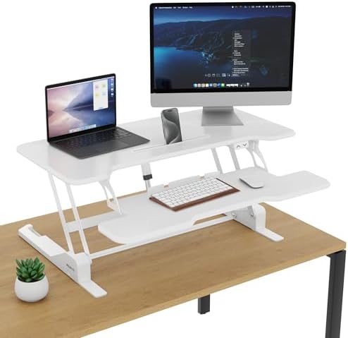 Mount-It! Electric Standing Desk Converter White 38 Inch Wide Tabletop, Stand up Desk Riser, Height Adjustable Sit Stand Desk, Fits Dual Monitors, Keyboard Tray, Device Slot, Monitor & Laptop