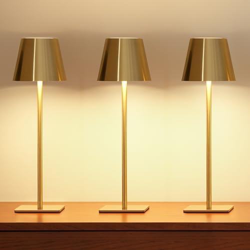 UME 6 Pack Cordless Table Lamp, Battery Operated Lamp - Portable Waterproof Rechargeable Table Lamp w/ 3 Color Temps & Stepless Dimming for Dinner, Desk, Cafe, Outdoor (Brushed Gold)