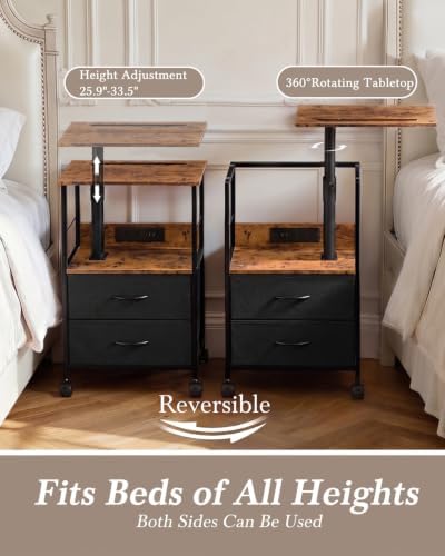 Faesun Night Stand with Charging Station & Swivel Top, Brown Black
