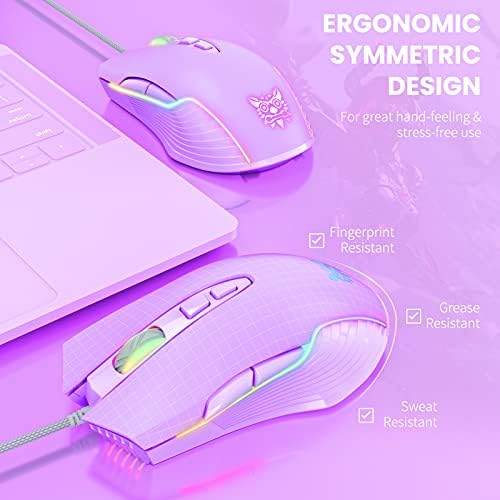RGB Gaming Mouse Wired, 6400 DPI & 7 Buttons, Lilac