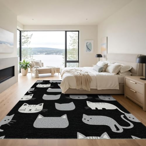 9'x12' Midnight Black Cat with Silver Accents Washable Area Rug