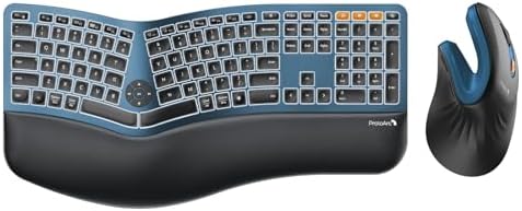 ProtoArc Backlit Wireless Full Size Ergonomic Keyboard Blue and Bluetooth Ergonomic Vertical Mouse Blue