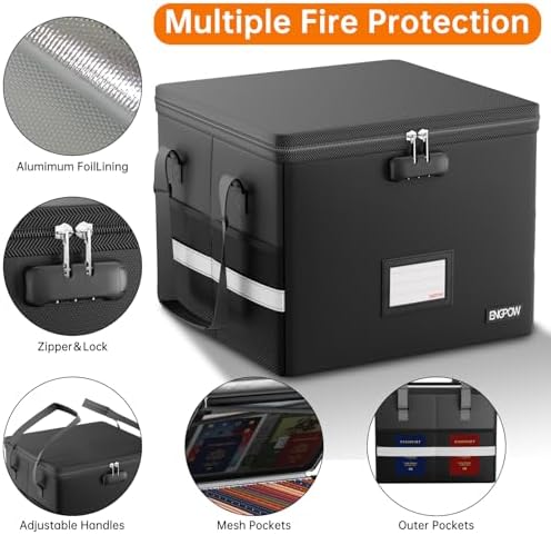 ENGPOW 5200°F Fireproof Document Box with Lock, Heat Insulated Collapsible File Storage Organizer with Handle, Portable Home Office File Cabinet for Hanging Letter/Legal Size Folder, Black