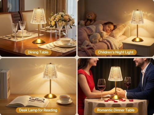 Cordless Crystal Lamp, Touch Control Rechargeable Bedside Light