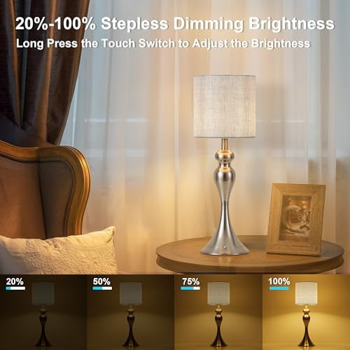 Cordless Table Lamp Rechargeable, Battery Fabric Bedside Touch Light Nickel